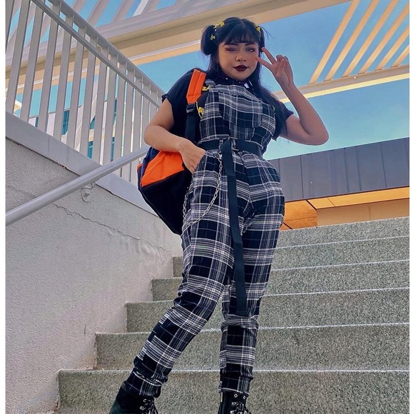 Hot Topic Black White Plaid Overalls Juniors Large Grunge Gothic Punk Chain - Picture 1 of 12